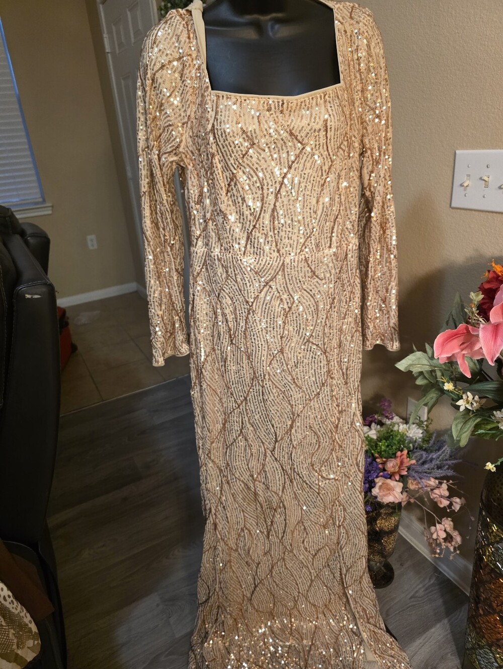Long Sleeve Sequin Evening Gown in Champagne